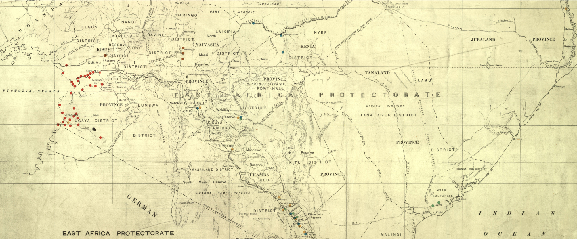 Sleeping sickness map of East Africa Protectorate: Out of copyright. Permission owner LSHTM Archives Service