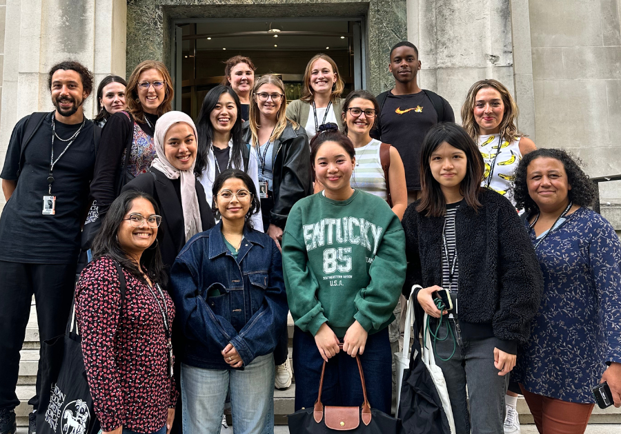 A group of students outside LSHTM Keppel Street entrance