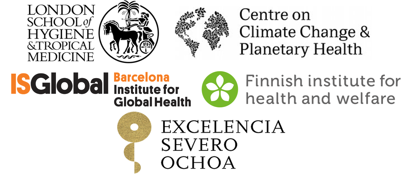 Collaborators&#039; logo - LSHTM Centre on Climate Change &amp; Planetary Health, ISGlobal, Finnish Institute for Health and ISGlobal Severo Ochoa Strategic Programme