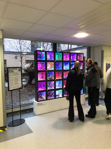 Two people reviewing art exhibit called Colouring Adult Eczema