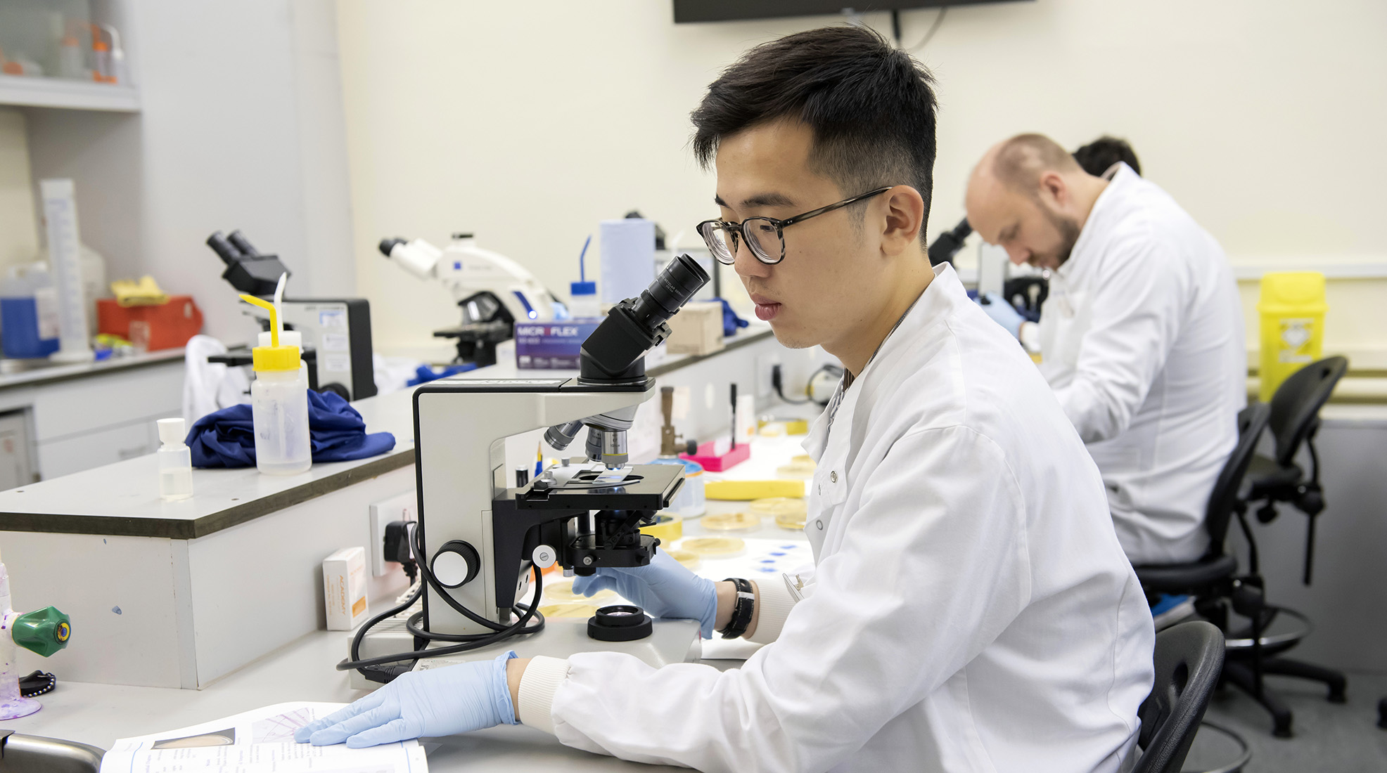 Master's students investigating fungi in a lab session led by Victoria Miari, Principal Scientific Officer at LSHTM