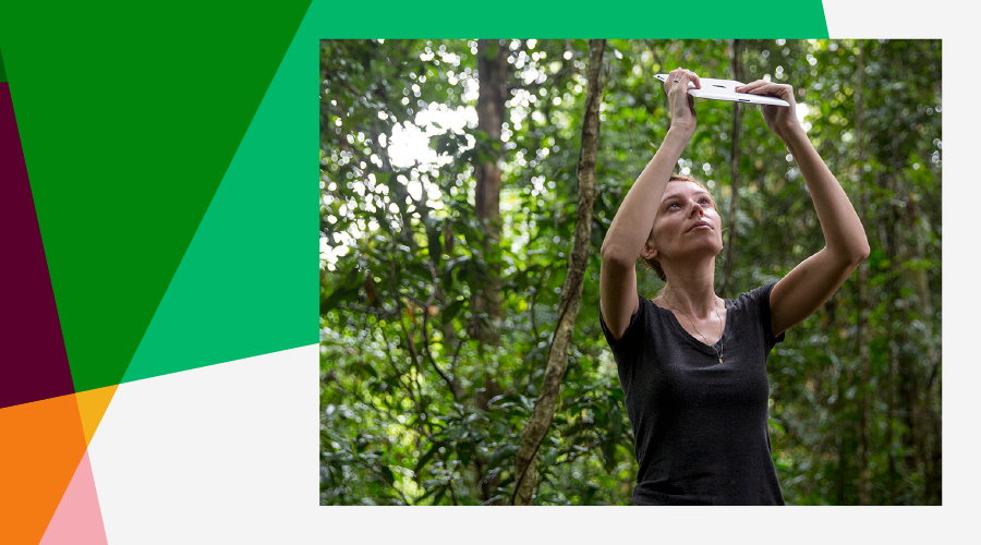 A female researcher taking a photo of the rainforest canopy for ground-truthing satellite and drone data at a rainforest in Ranau, Malaysia