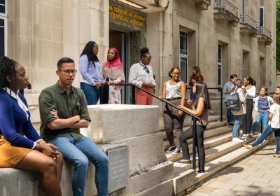 Students outside LSHTM Keppel Street building