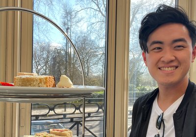 Chris having afternoon tea in London