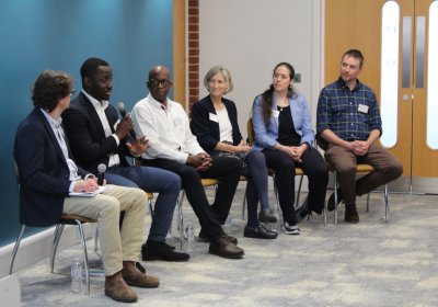 Panel discussion on challenges (left to right): Prof Simon Waddell (Chair; BSMS); Olawale Ajose (Market Access Africa); Dr Kevin Tetteh (FIND); Prof Gail Davey (BSMS); Dr Alexandra Anderson (LSHTM); Dr Richard Wall (LSHTM).