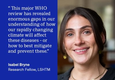 “The impact of climate change on global health is increasingly evident, with profound implications for malaria and NTDs. This major WHO review has revealed enormous gaps in our understanding of how our rapidly changing climate will affect these diseases - or how to best mitigate and prevent them.” - Isabel Byrne, Research Fellow, LSHTM