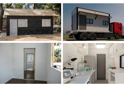 A four-picture grid showing different phases of a building&#039;s construction process.