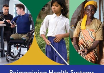 Cover page of the new Missing Billion report. It depicts 3 photos of people: a man in a wheelchair with prosthetic arms, a young girl using a white cane, and an older woman.  