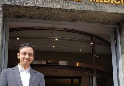 Sathish standing outside LSHTM Keppel Street building
