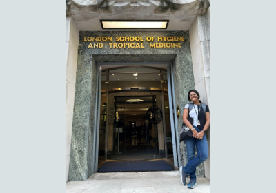 Student, Adrija, stood outside of LSHTM.