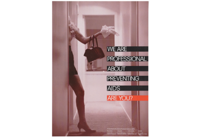 Credit: A prostitute wearing a short tight skirt steps between a doorway into a corridor raising her arm with her bag and some tissues; advertisement for safe sex by the New Zealand Prostitutes Collective (NZPC). Colour lithograph. Wellcome Collection. In copyright