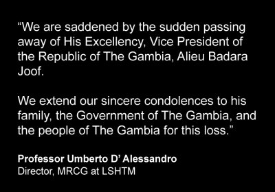 A black tile with white text reading “We are saddened by the sudden passing away of His Excellency, Vice President of the Republic of The Gambia, Alieu Badara Joof.   We extend our sincere condolences to his family, the Government of The Gambia, and the people of The Gambia for this loss.”