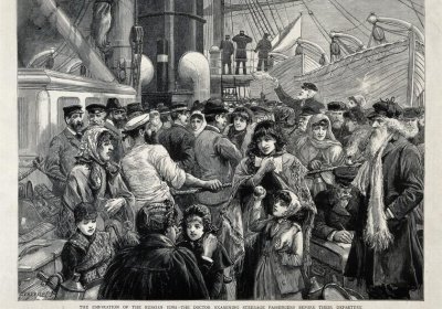 Russian Jews being examined by a doctor before emigration from Liverpool to the United States. Wood engraving after C.J. Staniland, 1891.. Credit: Wellcome Collection. Public Domain Mark