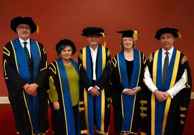 LSHTM Honorary Fellows 2024. From left to right: John O&#039;Donnell, Laura Rodrigues, LSHTM Director Liam Smeeth, Jane Carlton, Chair of LSHTM Council Don Robert