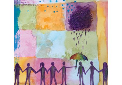 Painting with figures holding hands along the bottom, and one figure holding umbrella over a figure being rained on