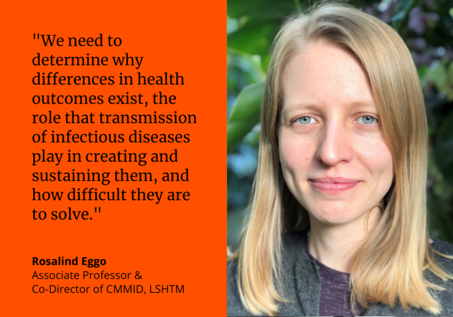 "We need to determine why differences in health outcomes exist, the role that transmission of infectious diseases plays in creating and sustaining them, and how difficult they are to solve." Rosalind Eggo, Associate Professor & Co-Director of CMMID, LSHTM "We need to determine why differences in health outcomes exist, the role that transmission of infectious diseases plays in creating and sustaining them, and how difficult they are to solve." Rosalind Eggo, Associate Professor & Co-Director of CMMID, LSHTM