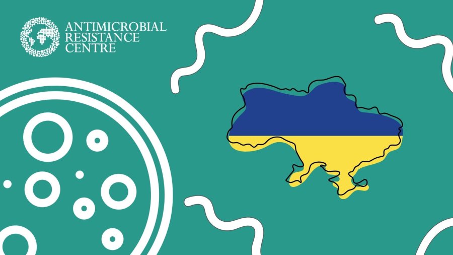 AMR in humanitarian crises Graphic of the AMR Centre logo, including a map of Ukraine which has the Ukrainian flag overlaid