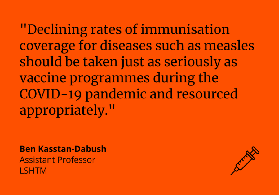 Declining rates of immunisation coverage for diseases such as measles should be taken just as seriously as vaccine programmes during the COVID-19 pandemic and resourced appropriately.” Ben Kasstan-Dabush, Assistant Professor, LSHTM Declining rates of immunisation coverage for diseases such as measles should be taken just as seriously as vaccine programmes during the COVID-19 pandemic and resourced appropriately.” Ben Kasstan-Dabush, Assistant Professor, LSHTM