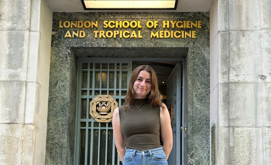 Hannah standing outside the entrnace of the LSHTM Keppel Street Building. Hannah standing outside the entrnace of the LSHTM Keppel Street Building.