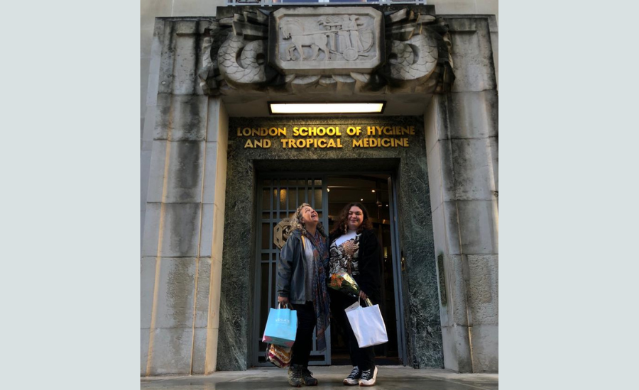 Millie (right) and her mum outside the front entrance of LSHTM. Millie and her mum outside the front entrance of LSHTM