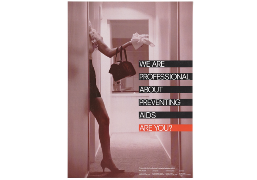 A prostitute wearing a short tight skirt steps between a doorway into a corridor raising her arm with her bag and some tissues; advertisement for safe sex by the New Zealand Prostitutes Collective (NZPC). Colour lithograph. Photo credit: Wellcome Collection Credit: A prostitute wearing a short tight skirt steps between a doorway into a corridor raising her arm with her bag and some tissues; advertisement for safe sex by the New Zealand Prostitutes Collective (NZPC). Colour lithograph. Wellcome Collection. In copyright
