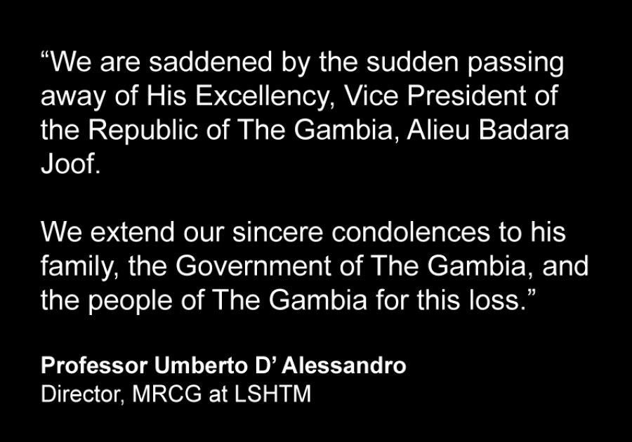 VP Gambia condolences A black tile with white text reading “We are saddened by the sudden passing away of His Excellency, Vice President of the Republic of The Gambia, Alieu Badara Joof. We extend our sincere condolences to his family, the Government of The Gambia, and the people of The Gambia for this loss.”