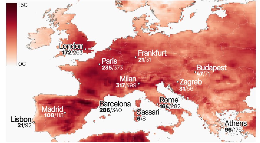 Heat map representing estimated deaths across Europe during the heatwave between 23 June and 2 July 2025. Figures in bold represent deaths attributable to climate change, versus non-climate deaths. Credit: Imperial College London Grantham Institute.