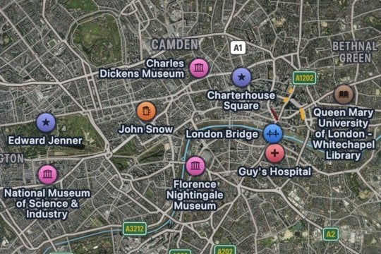 Map of central London showing some places with public health significant.