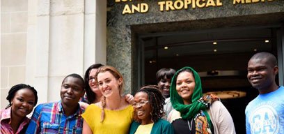 A group of LSHTM students outside LSHTM entrance