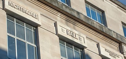 Nightingale, Ball and Skłodowska Curie surnames on stones on LSHTM building